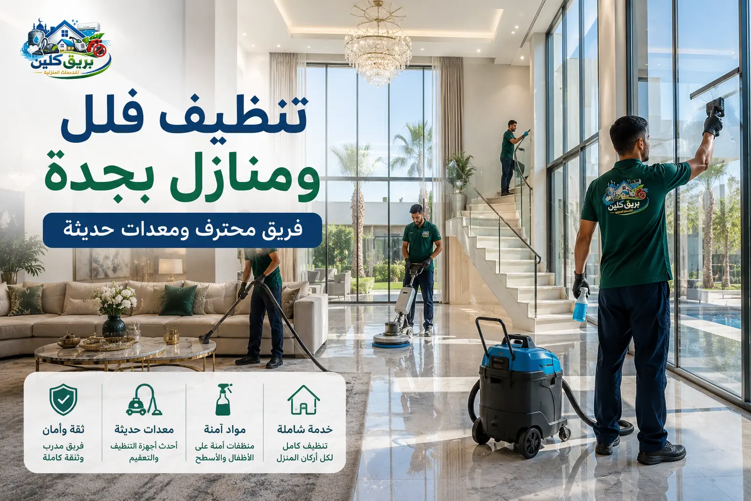 تنظيف فلل ومنازل بجدة من شركة بريق كلين باستخدام معدات تنظيف حديثة وخدمة احترافية