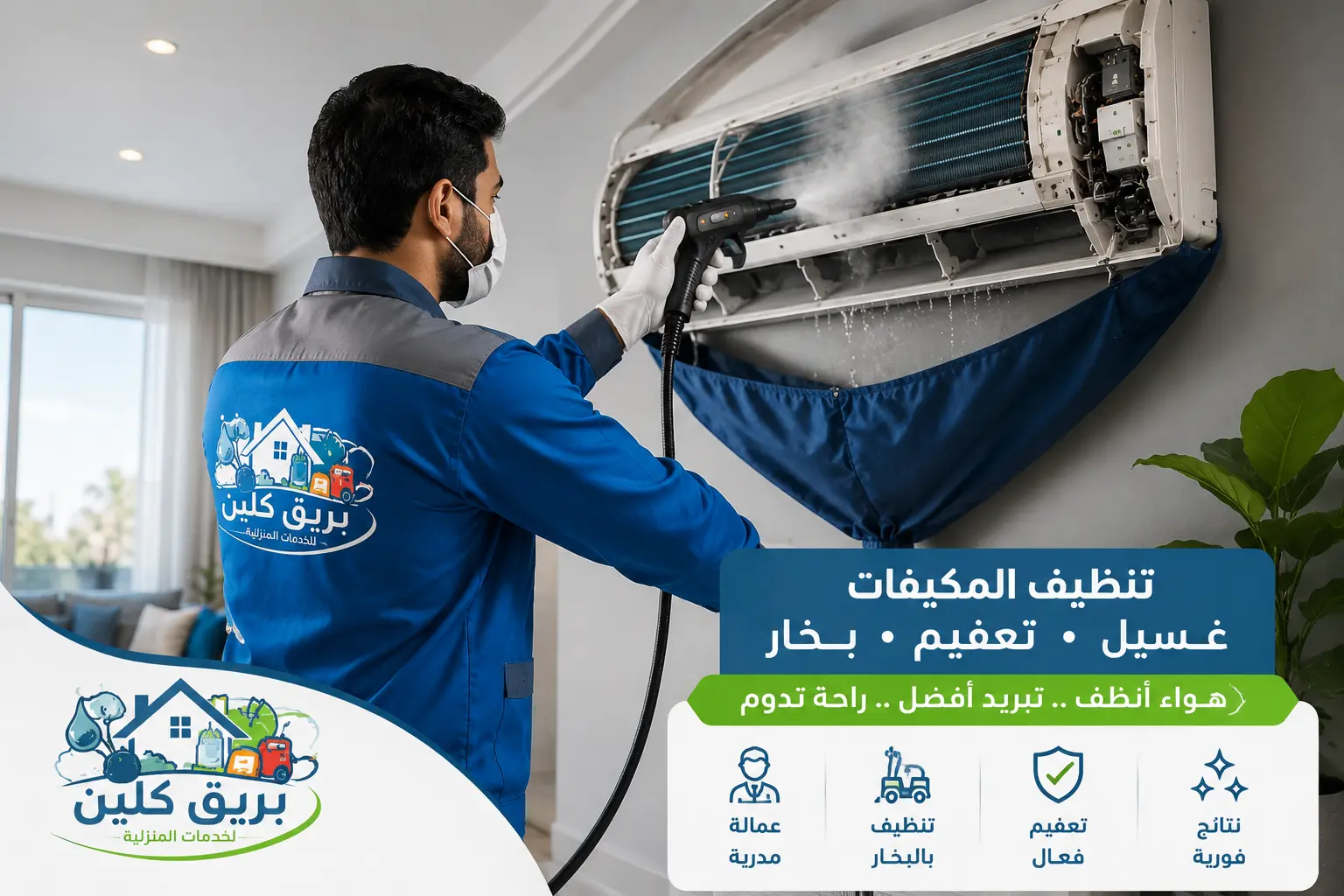 فني من بريق كلين يقوم بغسيل وتنظيف مكيف سبليت بالبخار داخل منزل بحفر الباطن