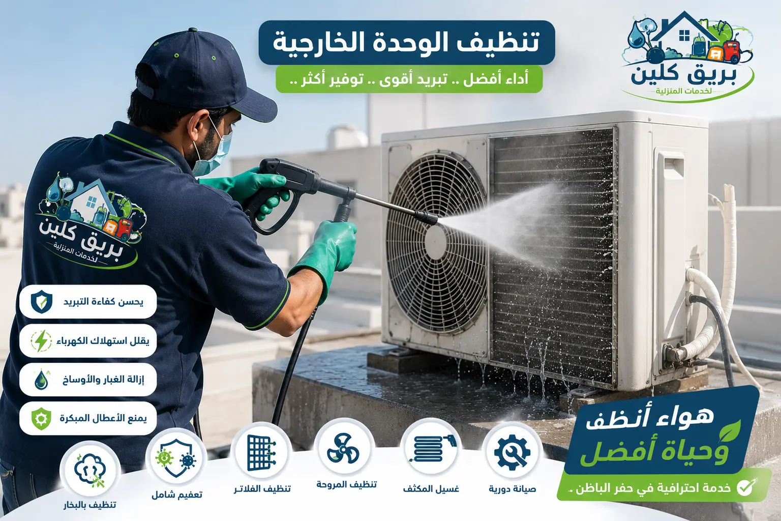 فني تنظيف مكيفات يقوم بغسيل الوحدة الخارجية للمكيف باستخدام ضغط الماء بحفر الباطن