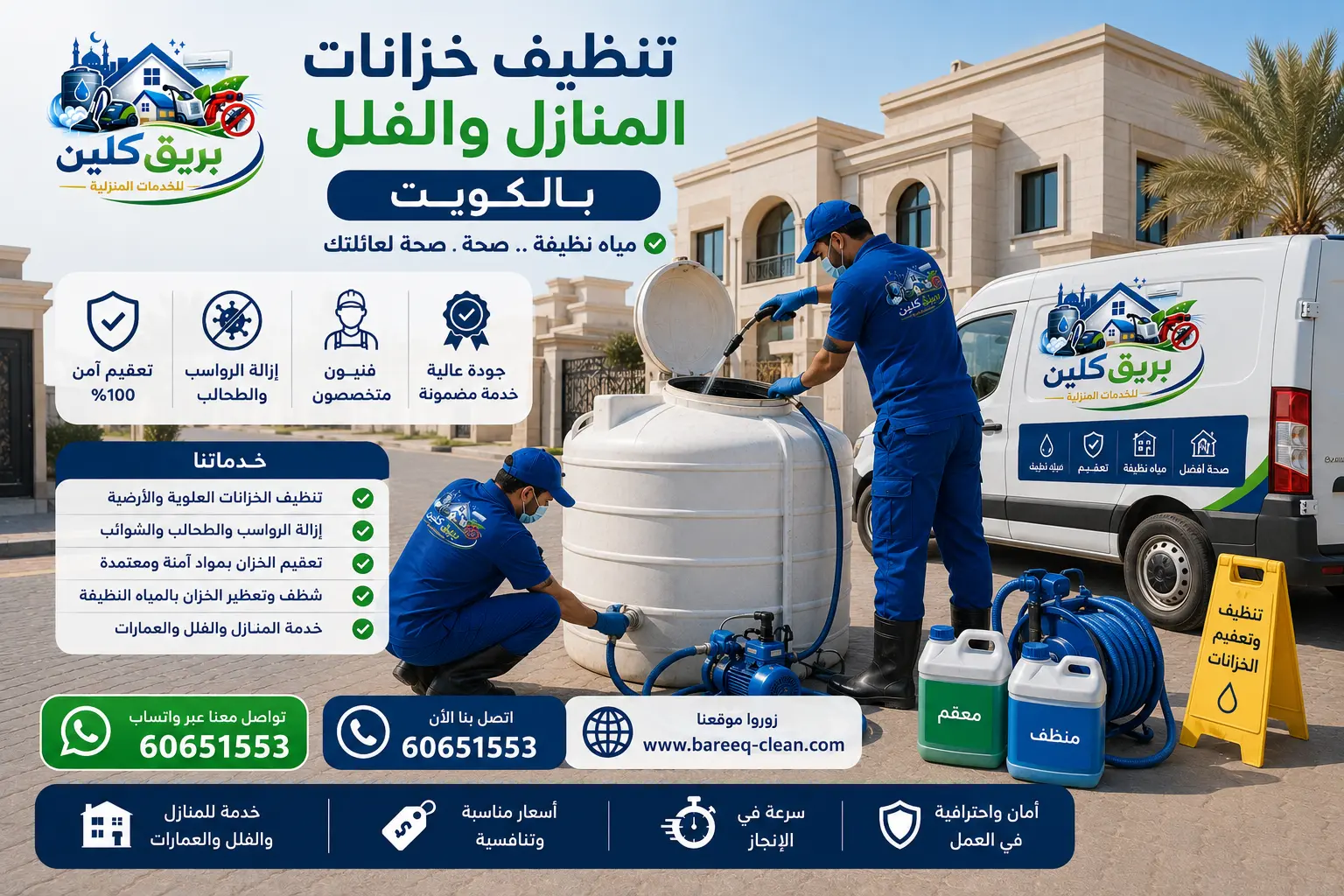 فريق تنظيف خزانات مياه أمام فيلا بالكويت مع معدات غسيل وتعقيم وسيارة خدمة