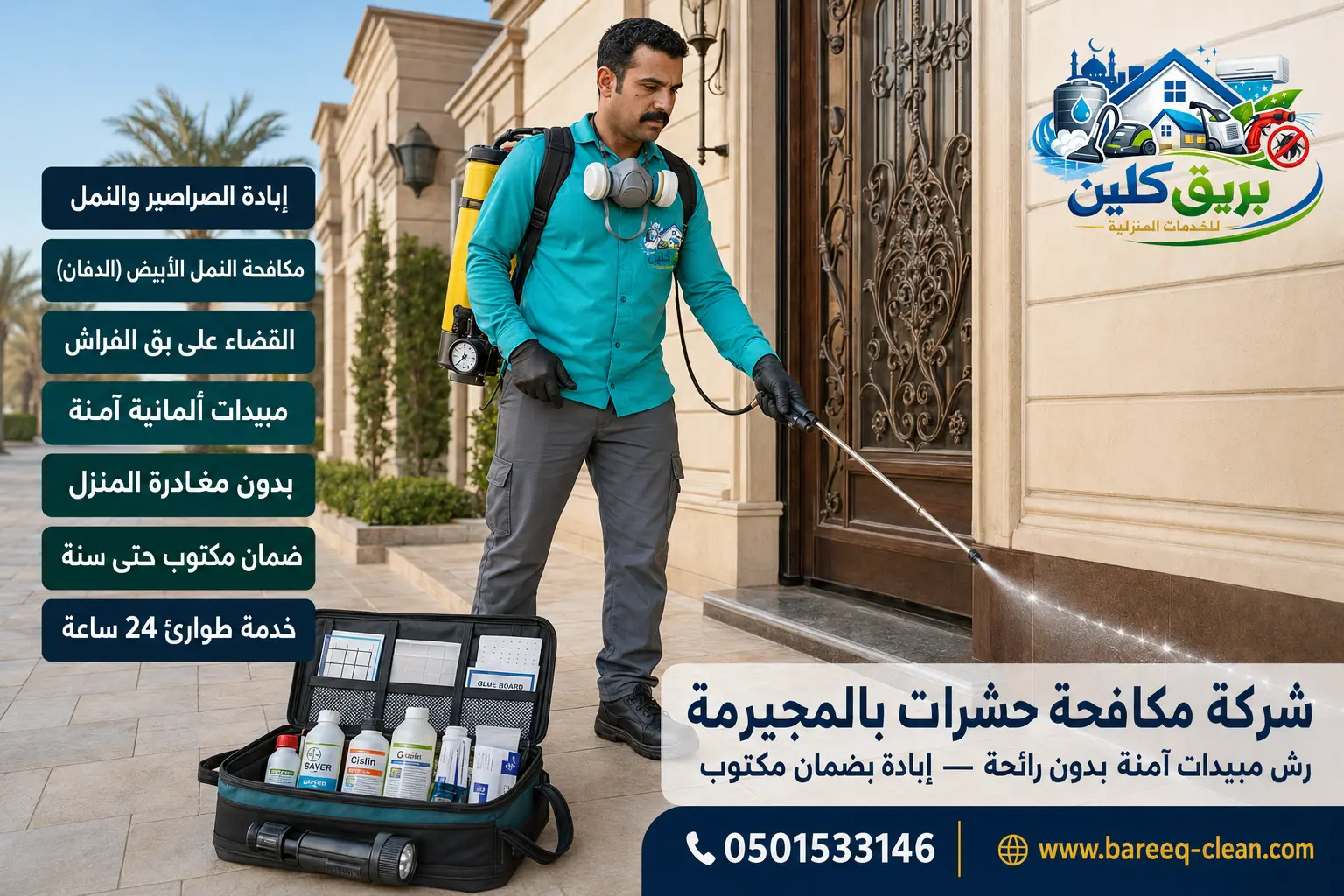 شركة مكافحة حشرات بالمجيرمة | 0501533146 بريق كلين – رش مبيدات وإبادة الصراصير والنمل الأبيض والقوارض والعقارب