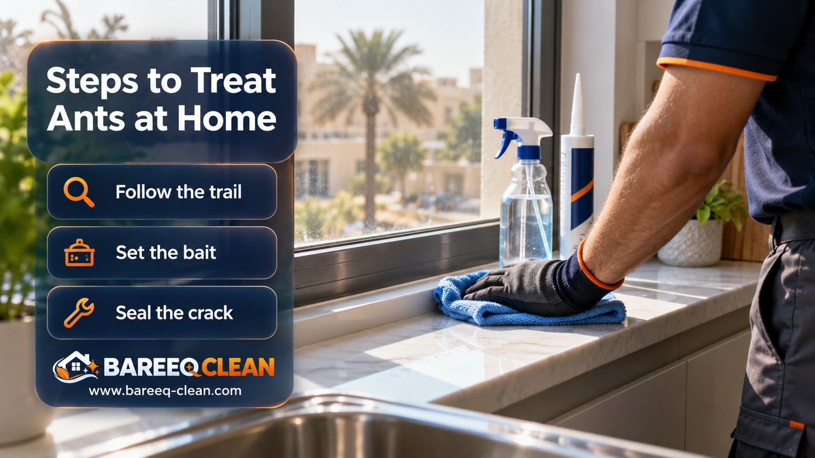 Treating ants at home: wiping the trail and sealing the crack