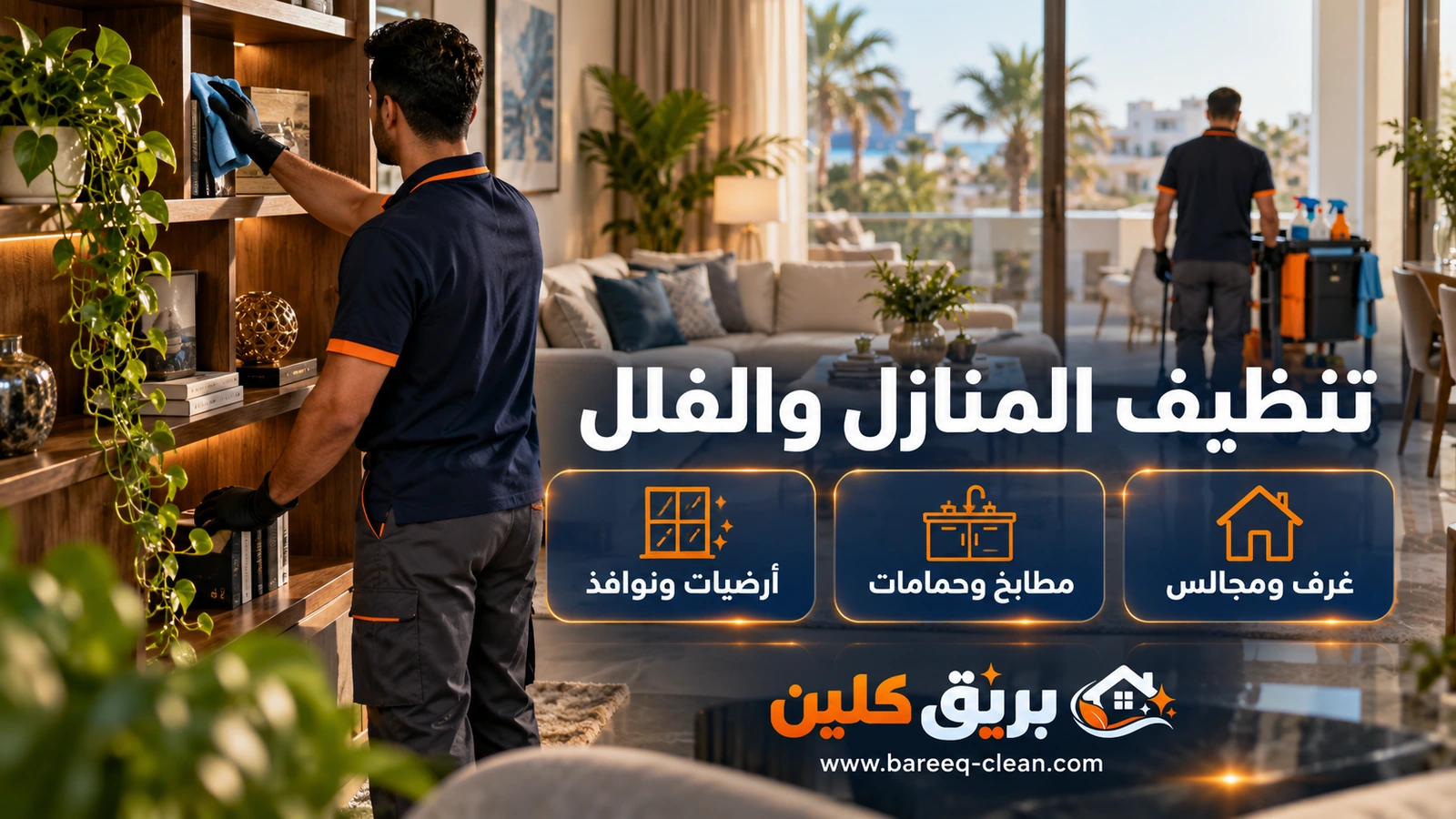تنظيف المنازل والفلل في جدة: فني يمسح رفاً خشبياً في غرفة معيشة