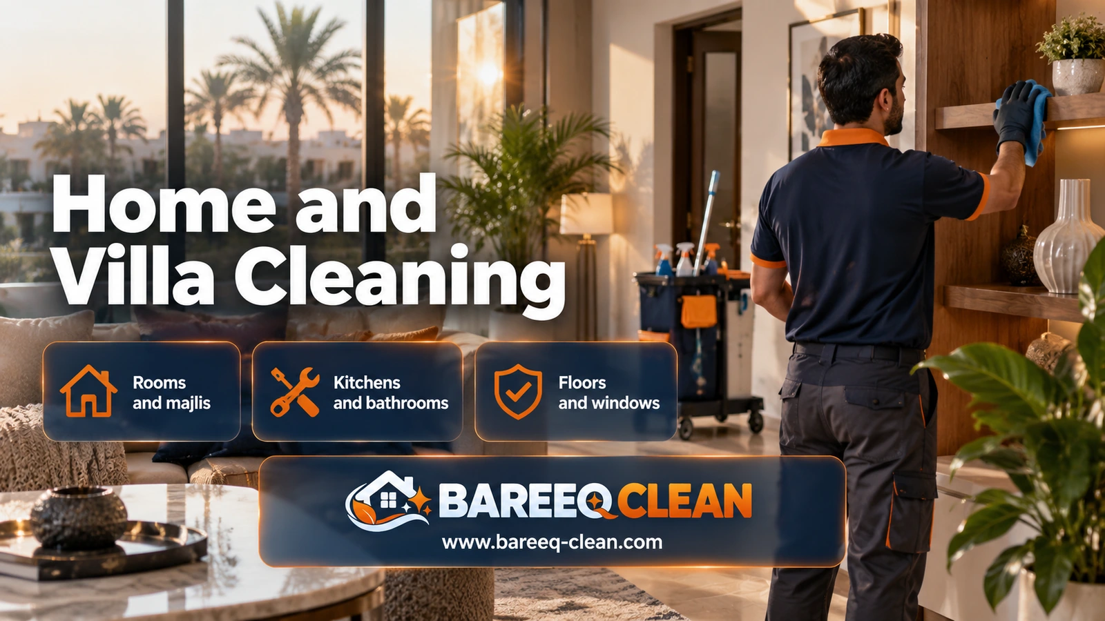 Home and villa cleaning in Jeddah: a technician wiping a wooden shelf in a living room