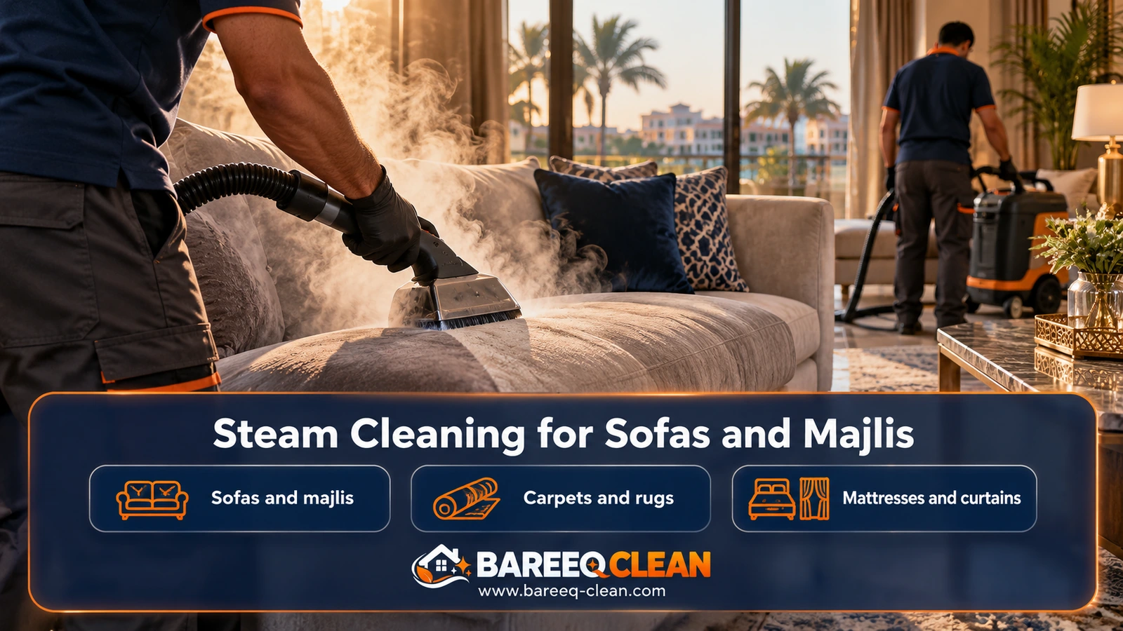 Steam cleaning for sofas and majlis in Jeddah: the steam head on sofa fabric