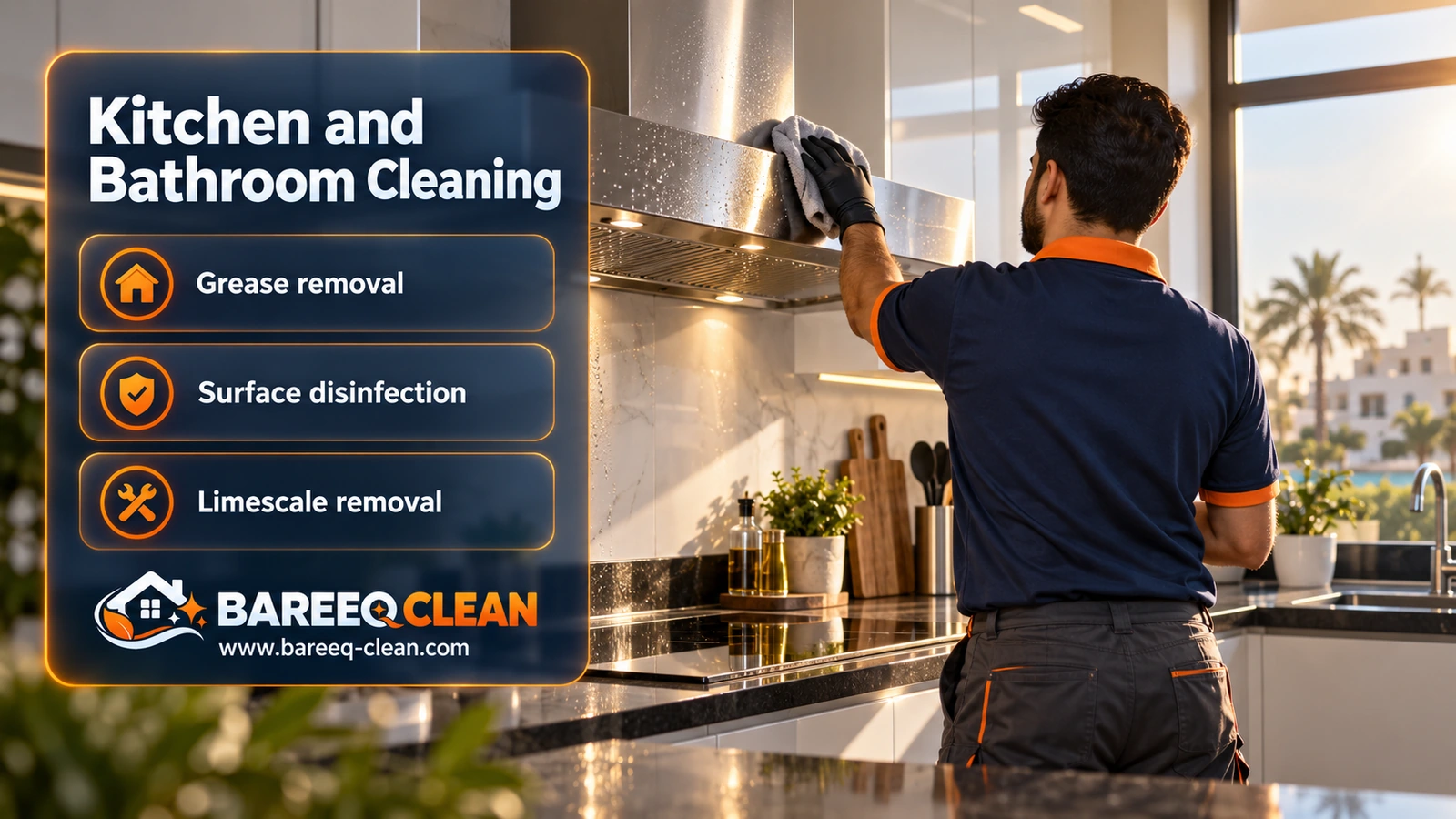 Kitchen and bathroom cleaning in Jeddah: polishing a stainless hood