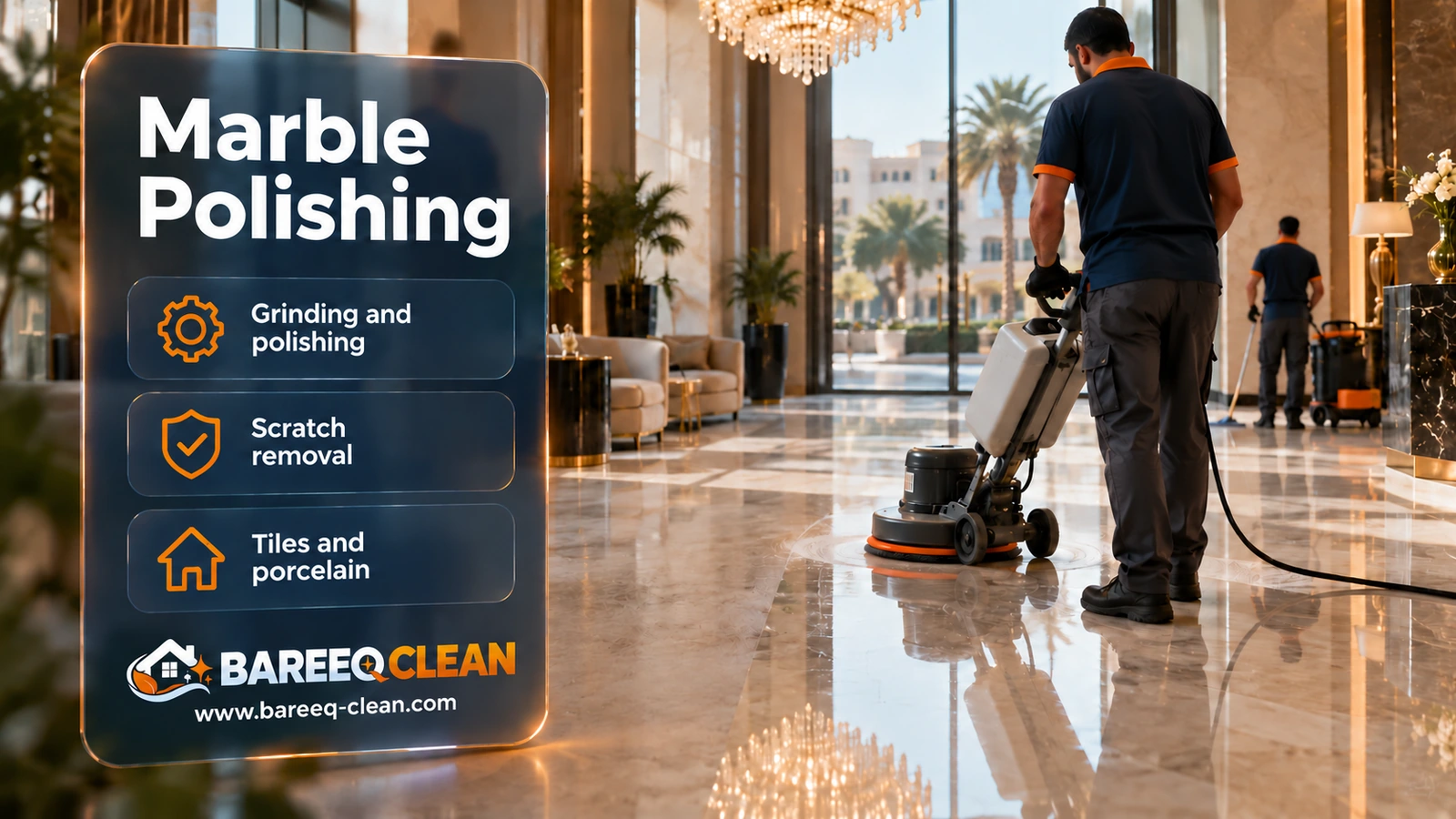 Marble polishing in Jeddah: a polishing machine on a marble floor