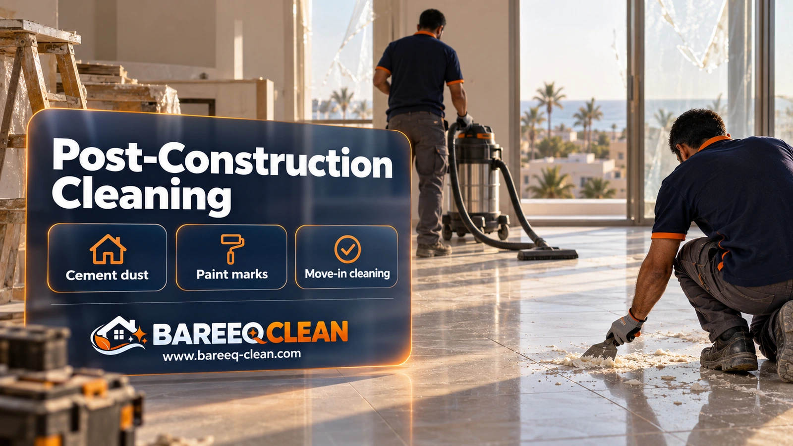 Post-construction cleaning in Jeddah: removing paint marks and vacuuming dust in a new flat