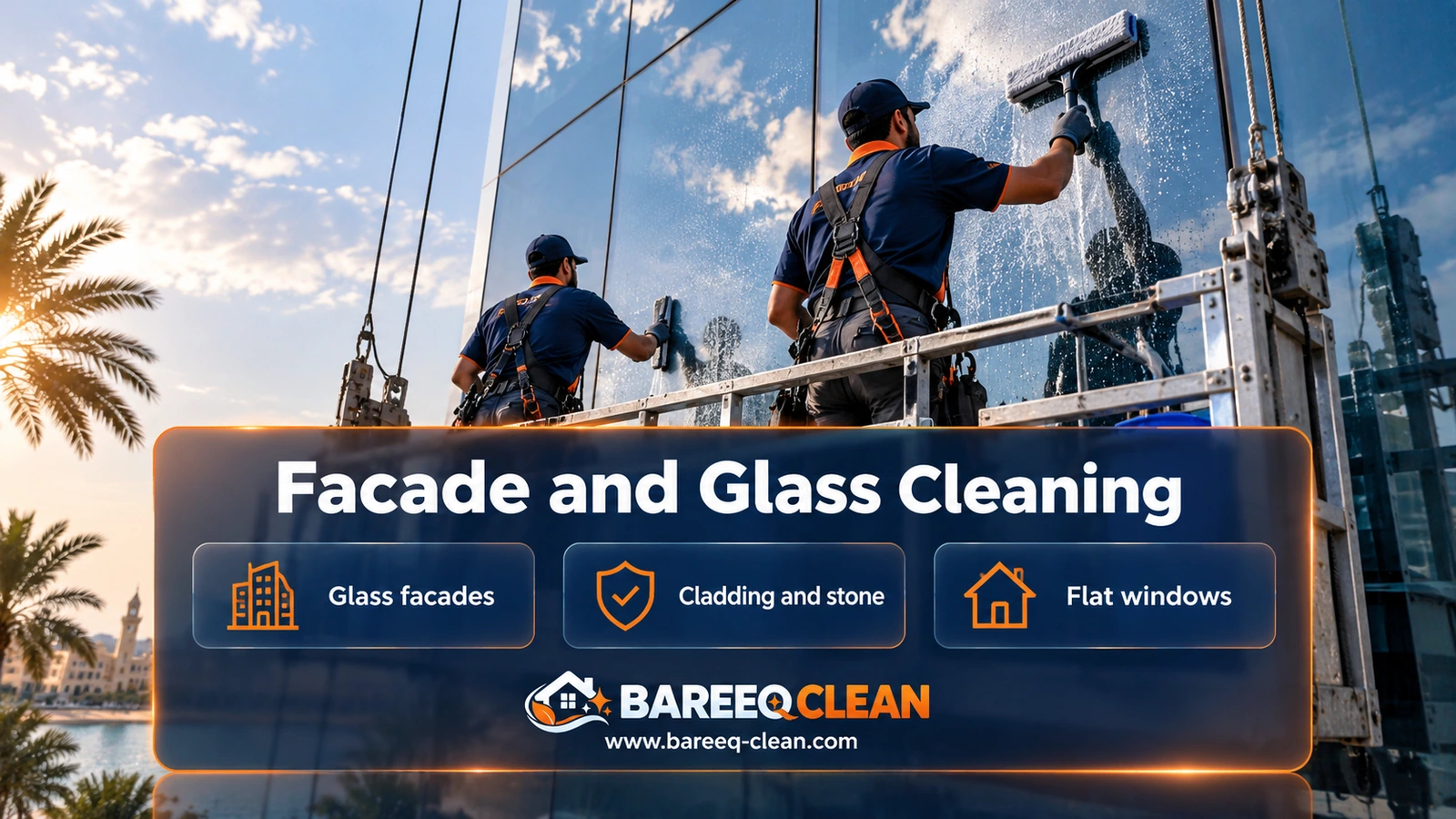 Facade and glass cleaning in Jeddah: two technicians on a suspended platform