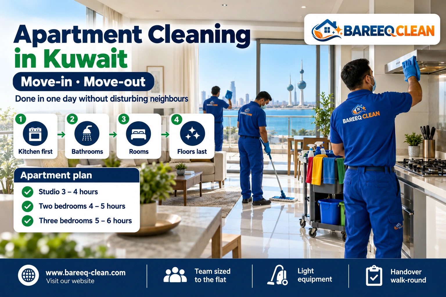 Cleaning company team in Kuwait cleaning an apartment living room and open kitchen