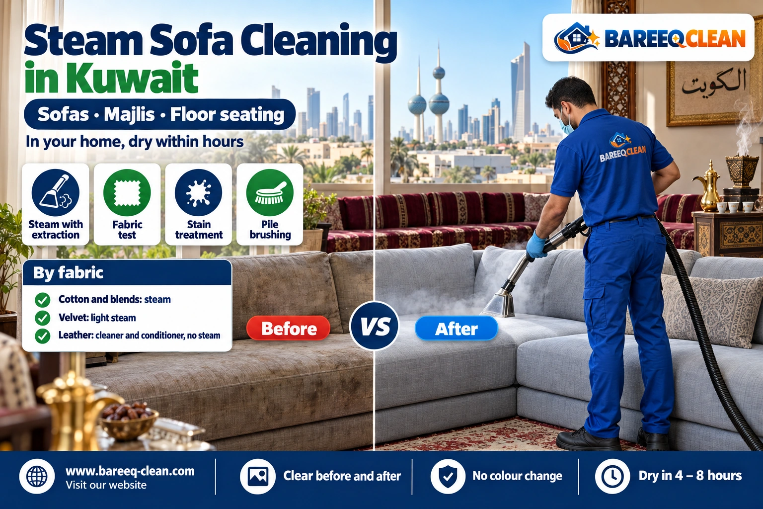 Steam cleaning sofas and majlis seating in a home in Kuwait
