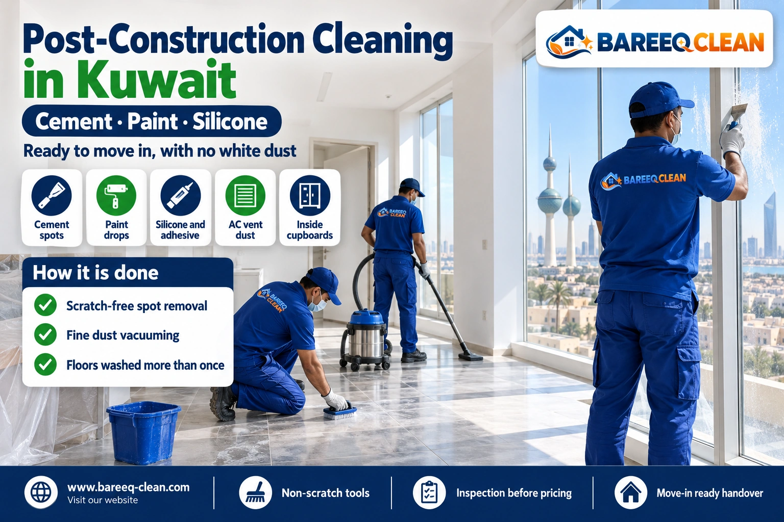 Post-construction apartment cleaning in Kuwait removing cement and paint residue