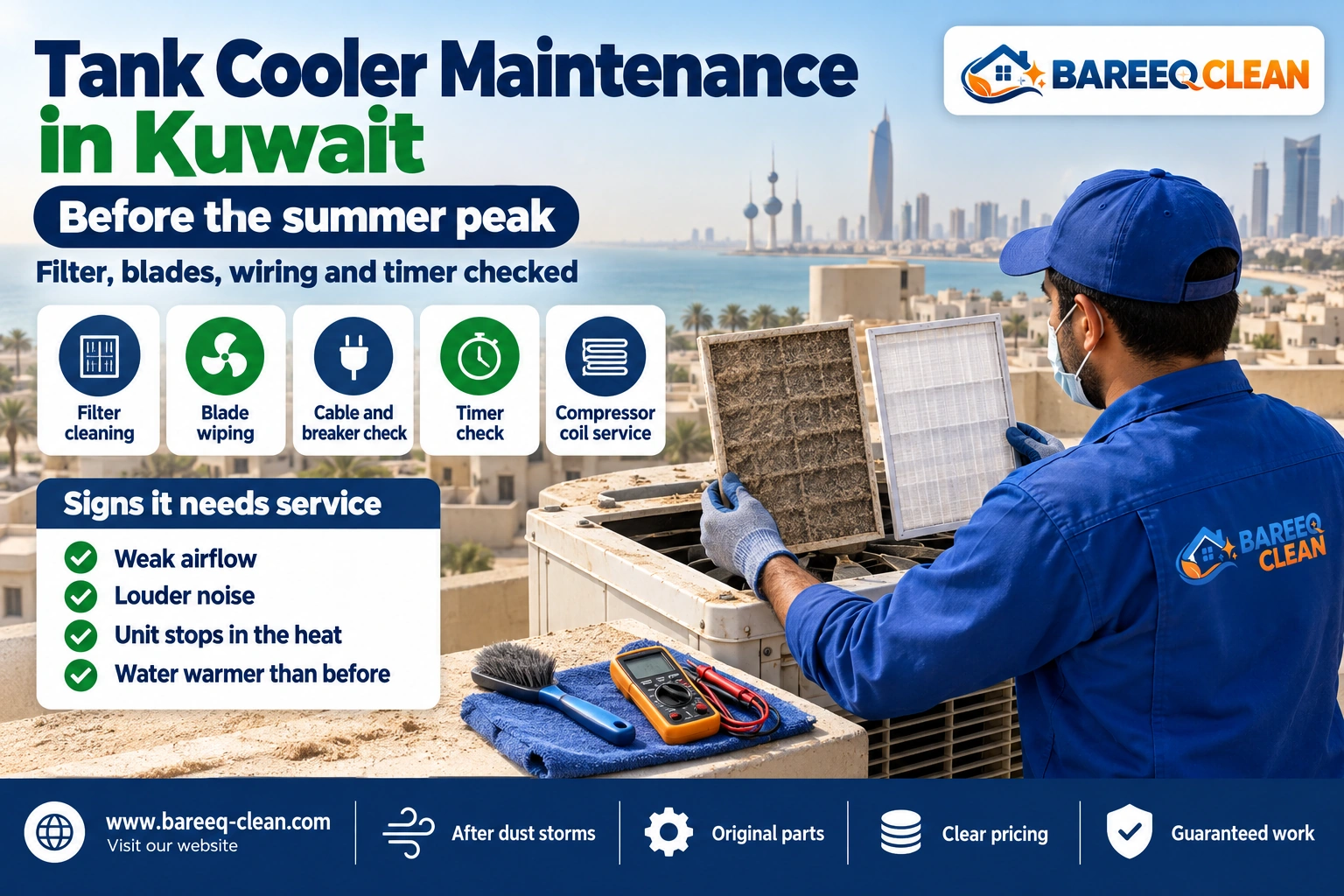 Servicing a water tank cooler filter and wiring on a Kuwait rooftop