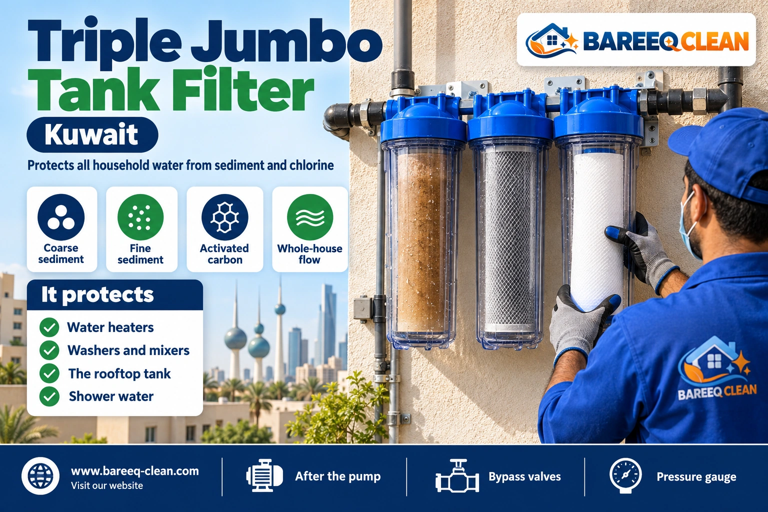 Triple jumbo central filter installed on a villa water line in Kuwait