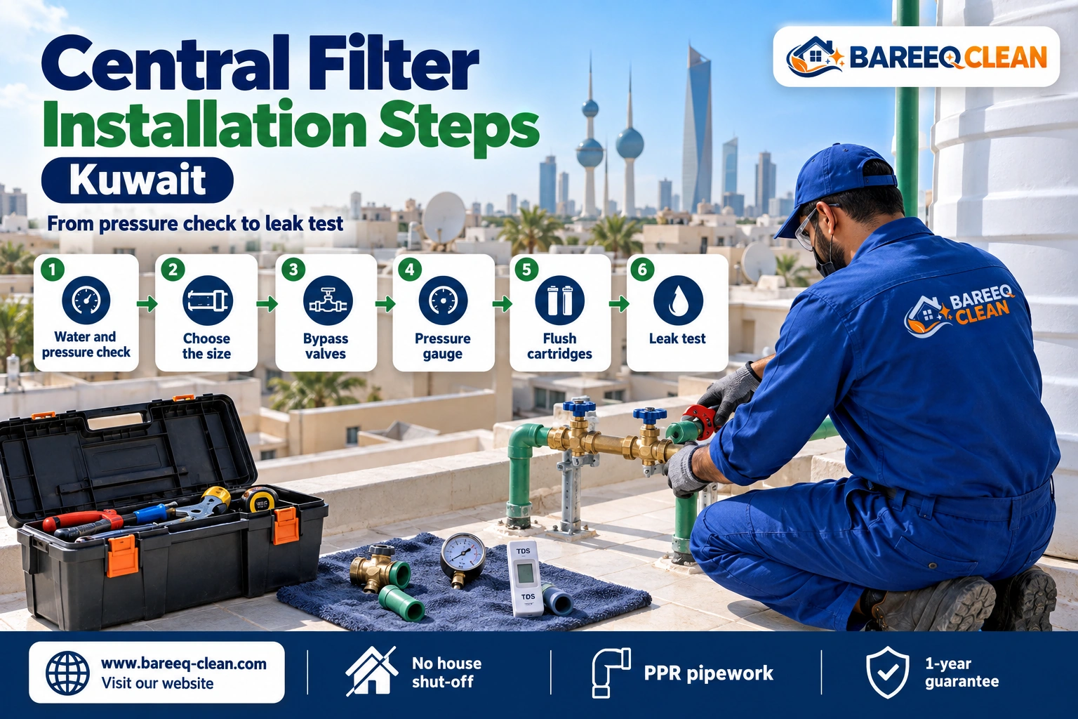 Plumber installing a central filter with bypass valves and a pressure gauge in Kuwait