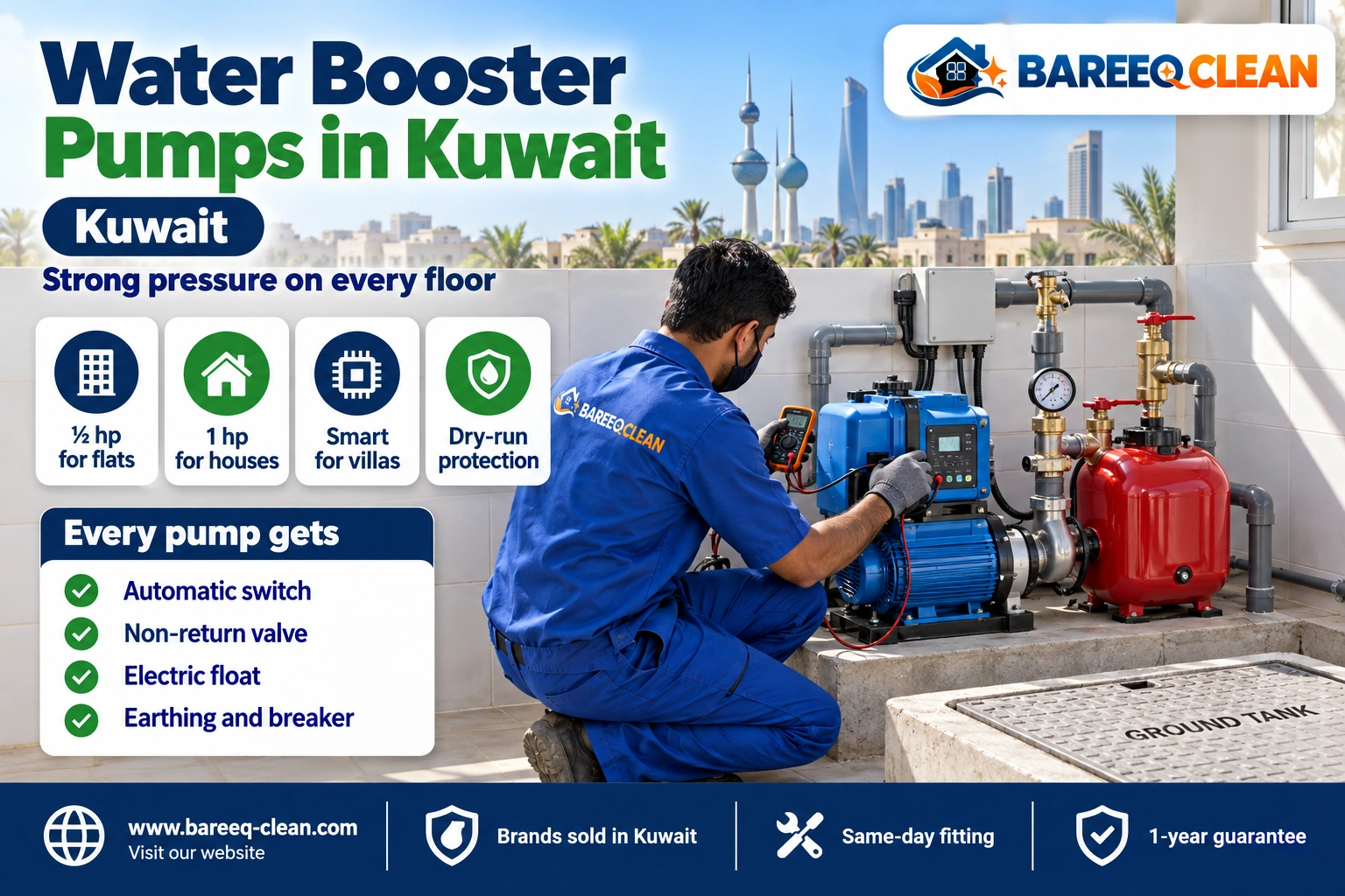 Installing a booster pump with an automatic switch in a villa pump room in Kuwait