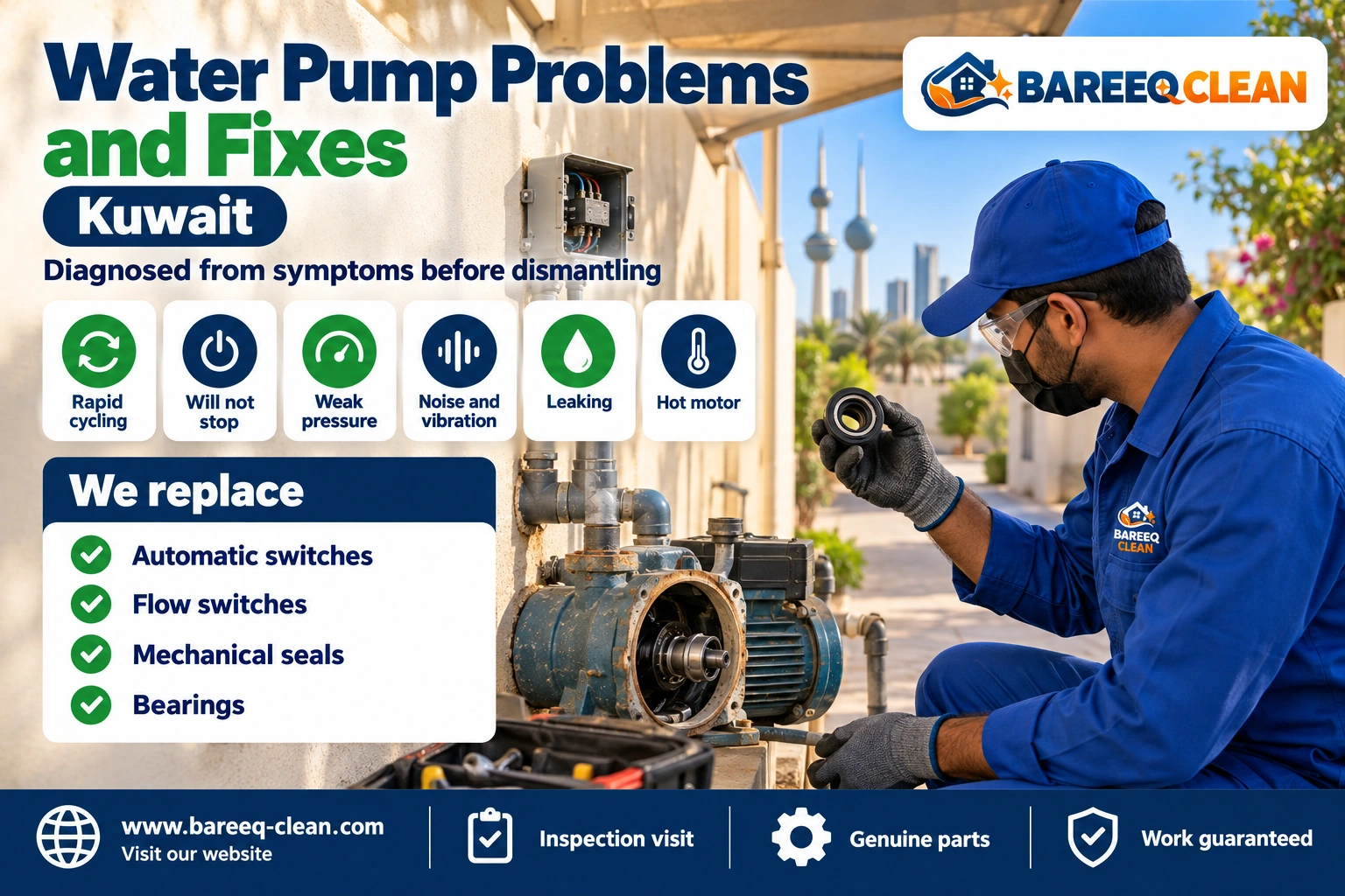 Pump technician diagnosing a household water pump problem in Kuwait