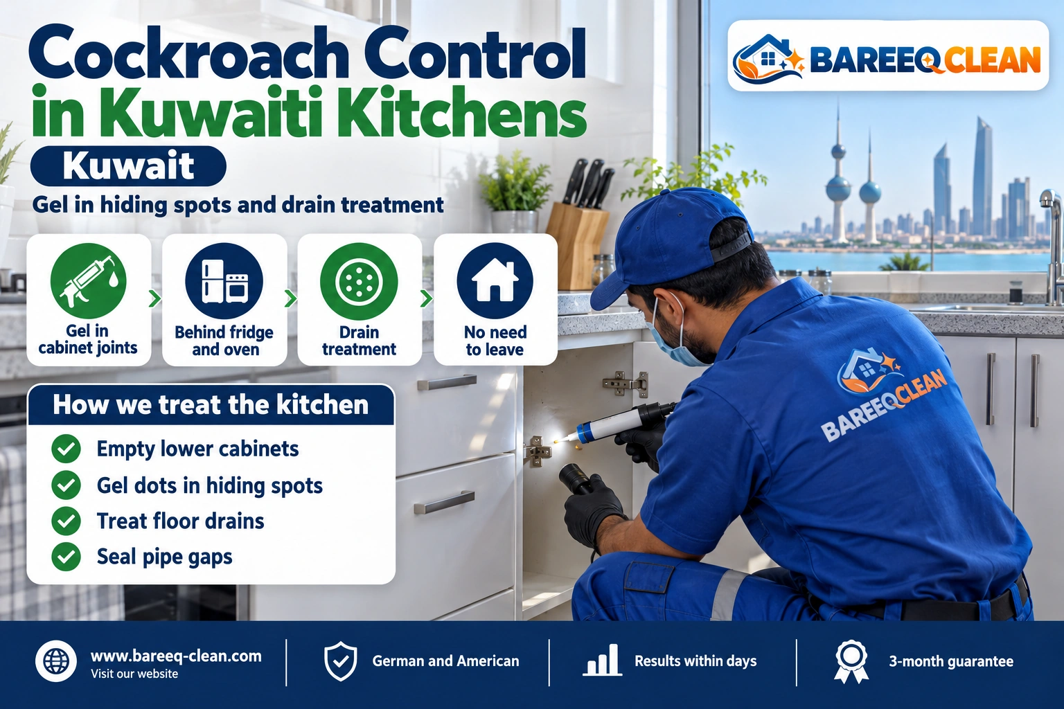 Bareeq Clean technician treating cockroaches in an apartment kitchen in Kuwait