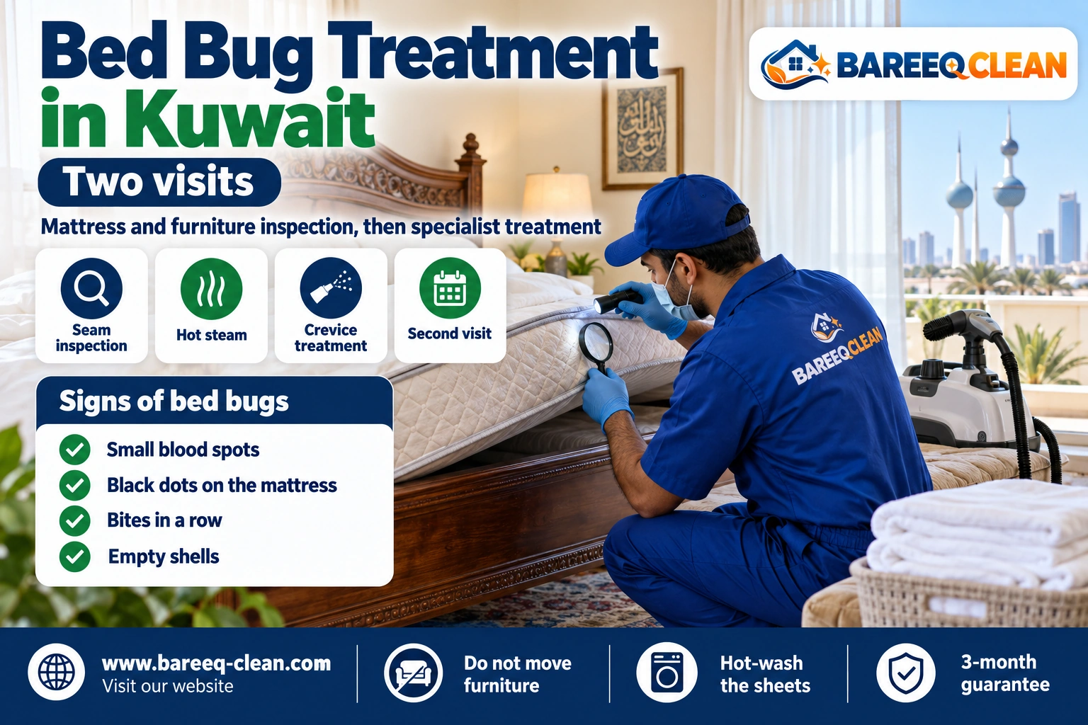 Inspecting a mattress for bed bug treatment in a bedroom in Kuwait