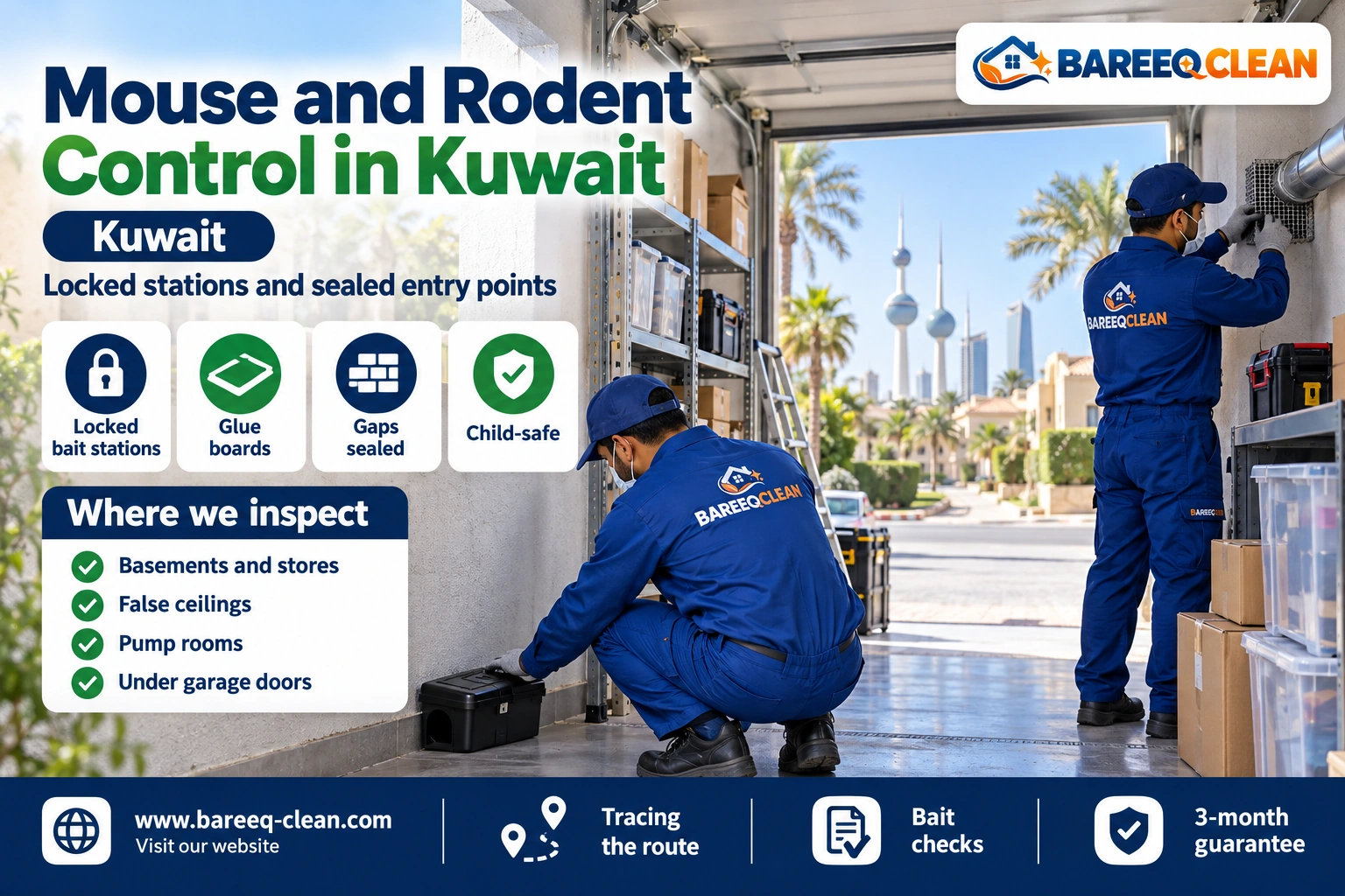 Installing rodent bait stations in a villa storeroom in Kuwait
