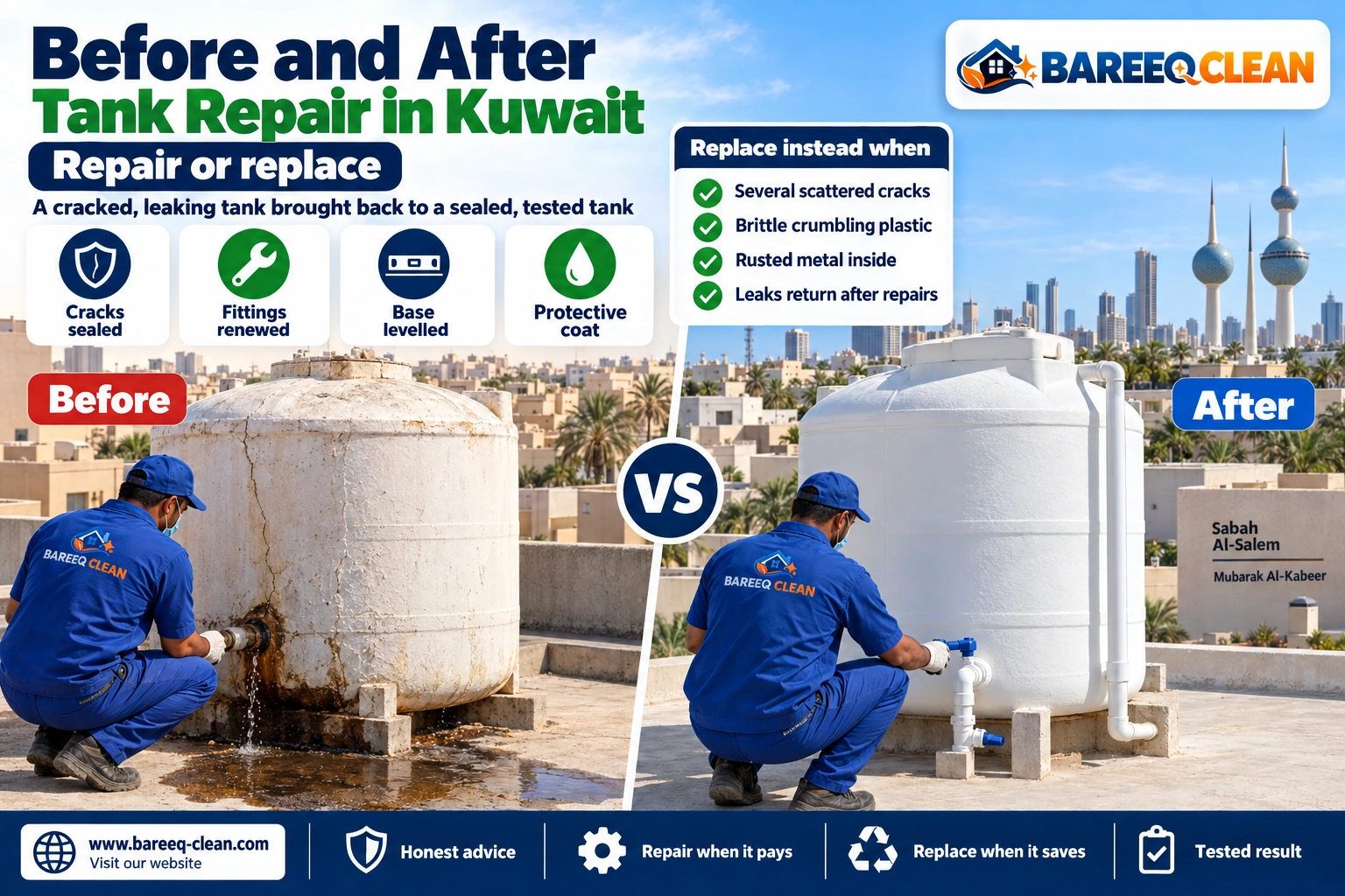 Water tank before and after crack welding and leak repair in Kuwait