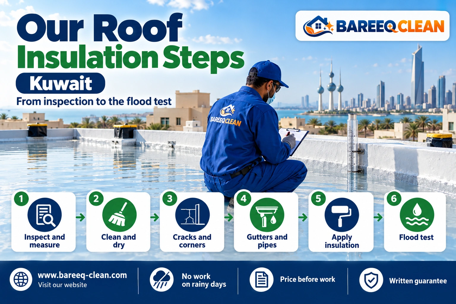 Roof insulation steps from cleaning to the flood test in Kuwait