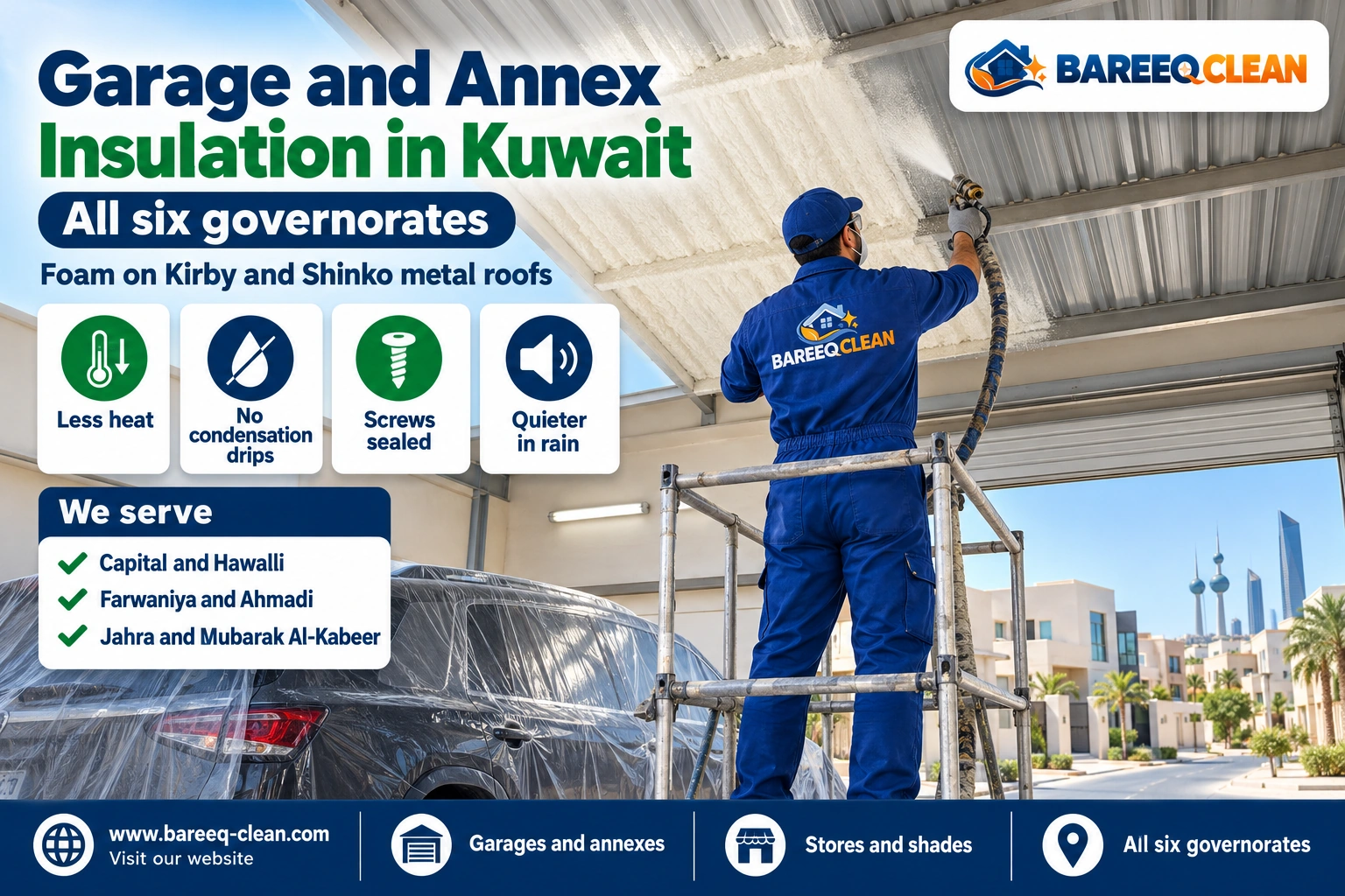 Spray foam insulation on a metal garage roof in Kuwait