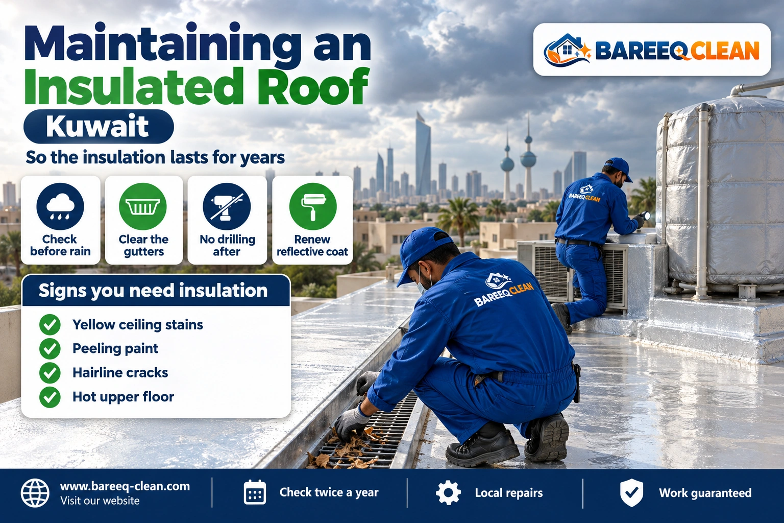 Inspecting an insulated roof and clearing gutters in Kuwait