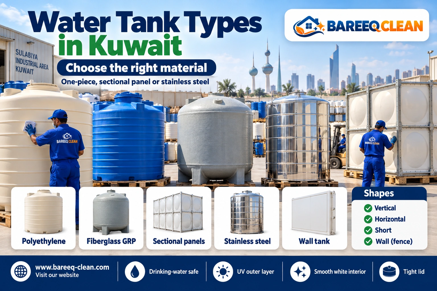 Types of water tanks for sale in Kuwait: polyethylene, fiberglass and stainless steel