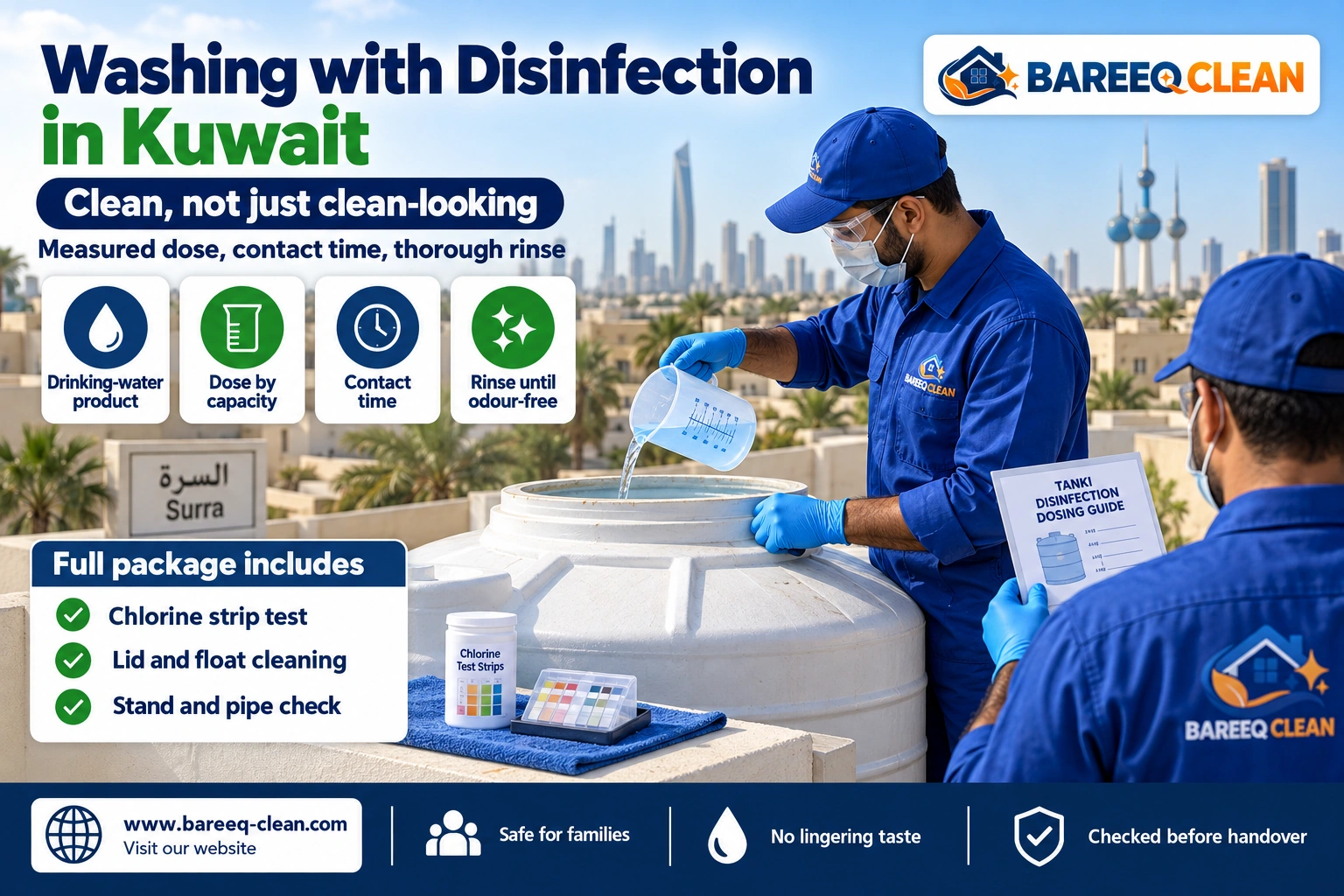Disinfecting a washed rooftop tanki with a drinking-water-safe product in Kuwait