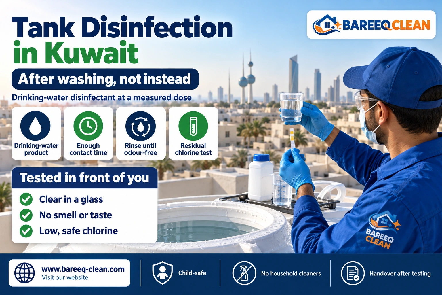 Disinfecting a washed water tank with a drinking-water disinfectant in Kuwait
