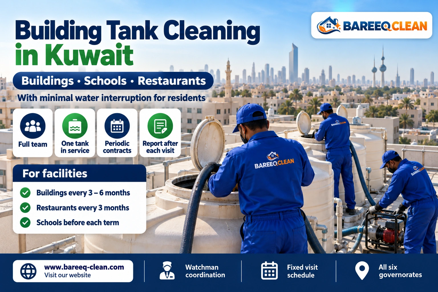 Cleaning the water tanks of an apartment building in Kuwait with a team and suction equipment