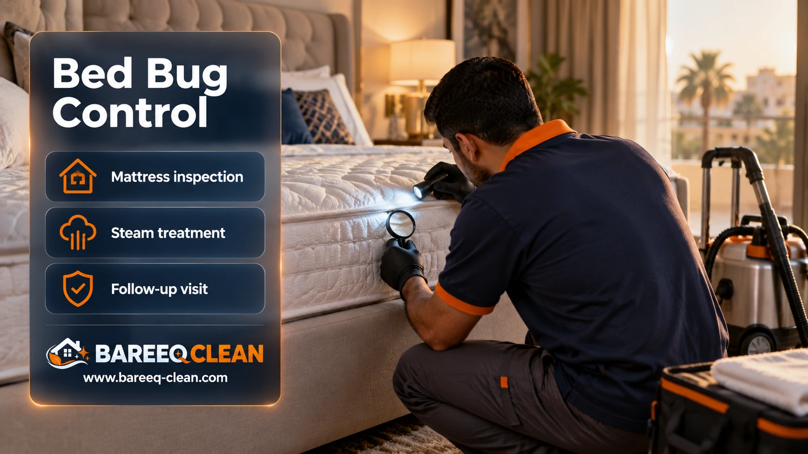 Bed bug control in Jeddah: inspecting mattress seams with a torch
