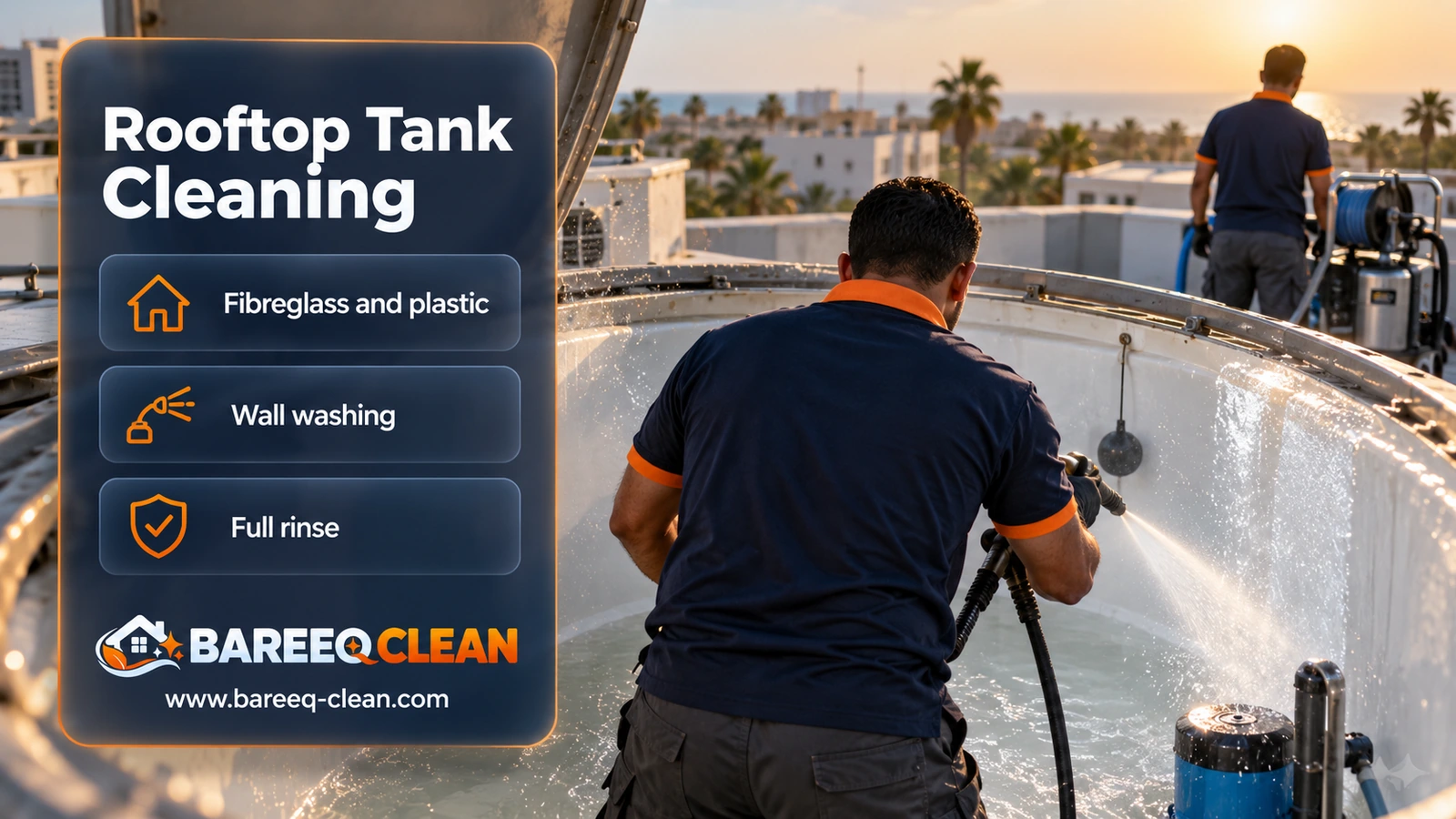 Rooftop tank cleaning in Jeddah: washing the walls of a fibreglass tank