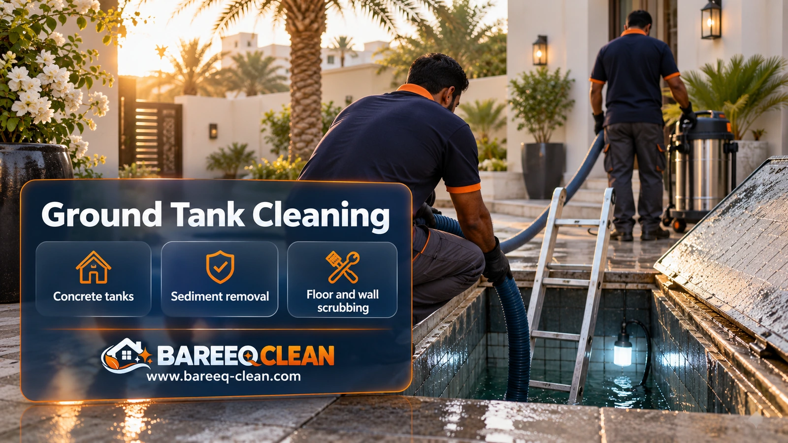 Ground tank cleaning in Jeddah: a ladder going down into a ground tank