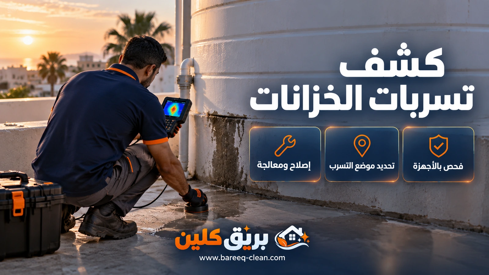 كشف تسربات الخزانات في جدة: جهاز كشف التسربات على قاعدة خزان