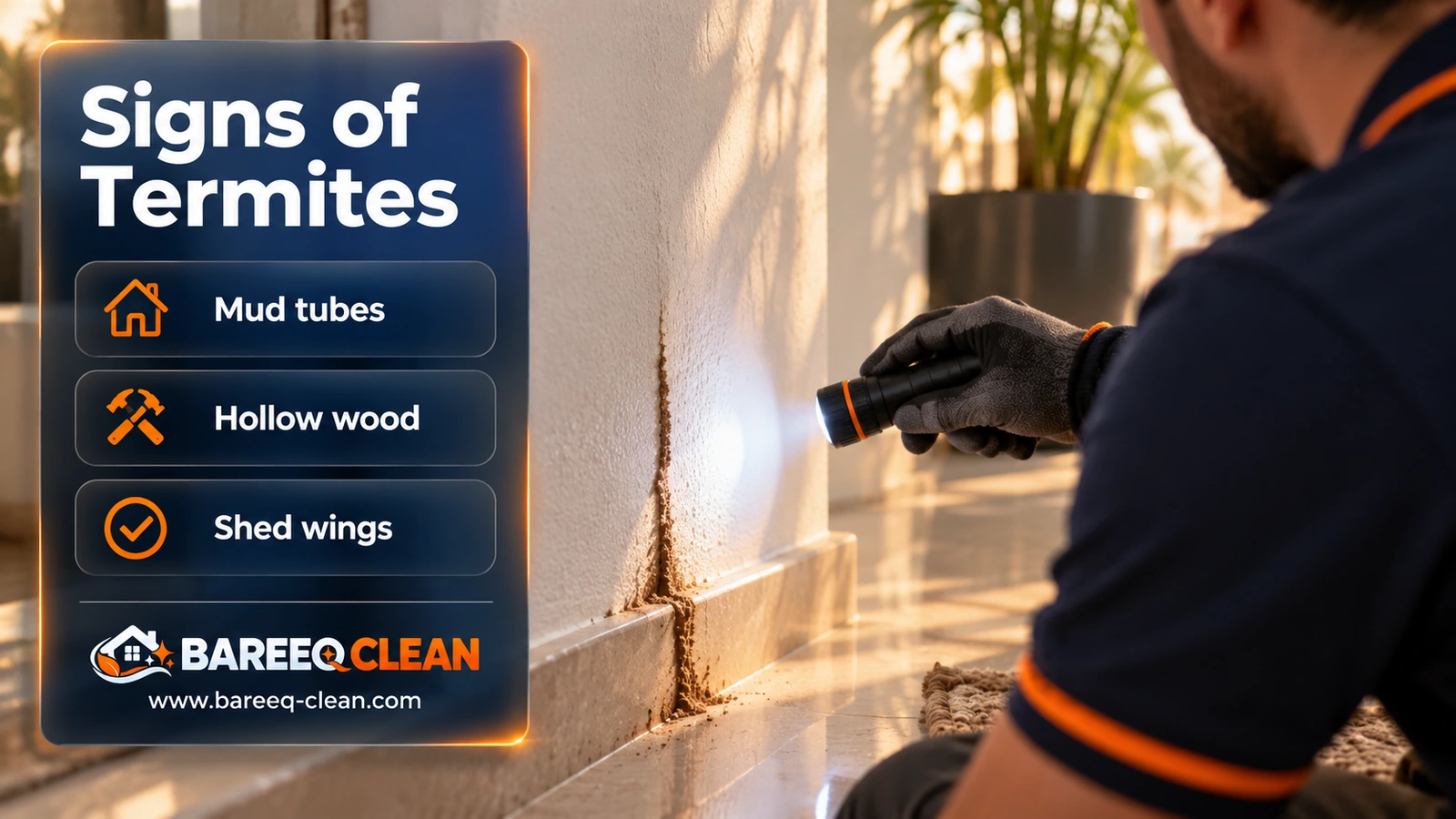 Signs of termites: mud tubes at the base of a wall